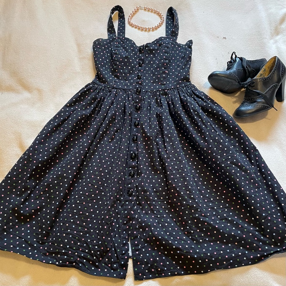 Black pastel polka dot button down sundress with matching belt